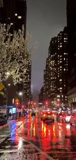 Night city street with vibrant lights reflecting on wet pavement.