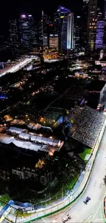 Night city race track with illuminated skyline and speeding cars.