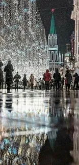 Night cityscape with festive lights and wet street reflections.