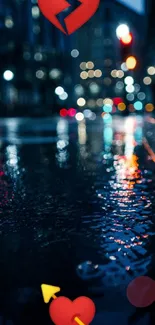 Night cityscape with heart emojis reflecting on wet street.