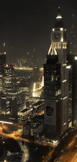 Night city skyline with illuminated skyscrapers and glowing streets.