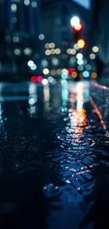 Dark city street with vibrant reflections and bokeh lights at night.