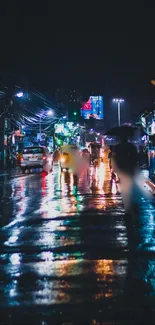 A vibrant city street reflecting neon lights on a rainy night.