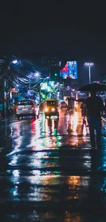 Rainy night city street with reflections and neon lights.