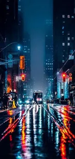 Night city with neon reflections on wet streets.