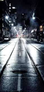 Night city street with lights reflecting on wet road.