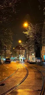 Nighttime city street with illuminated lights and tranquil atmosphere.