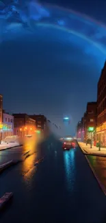 Vibrant city street with neon lights and aurora under a dark blue sky.