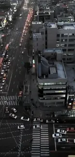 Aerial view of busy city traffic at night.