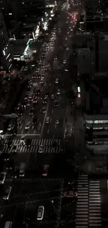 A dynamic cityscape at night with bustling traffic and glowing streetlights.