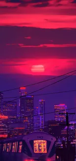 City skyline with train at sunset, vibrant purple sky.