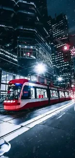 Night tram on a vibrant city street with glowing lights.