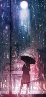 Silhouette under umbrella in vibrant night city scene.