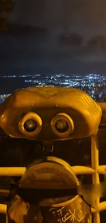 Telescope overlooking a city skyline lit at night, creating a vibrant wallpaper scene.