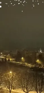 Night cityscape with winter lights and snow.