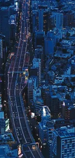 Aerial view of city's illuminated streets and skyscrapers at night.