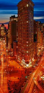 Vibrant night cityscape with iconic building and dynamic light trails.