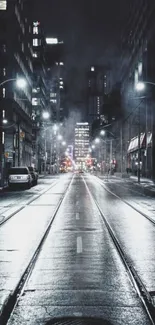 Night cityscape with misty streetlights and urban atmosphere.