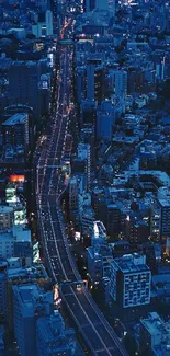 Aerial view of a vibrant city street lit up at night in blue neon hues.