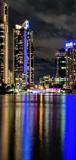 Vibrant night cityscape with skyscrapers and reflections.