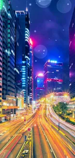 Vibrant neon cityscape at night, showcasing skyscrapers and busy streets.