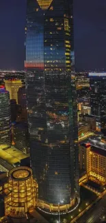 A stunning night cityscape with illuminated skyscrapers and vibrant city lights.