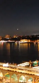 City skyline reflecting at night.