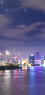 Nighttime city skyline with water reflections and stars.