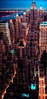 Vibrant nighttime cityscape with skyscrapers.