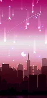 A night cityscape with a pink sky and silhouetted buildings.