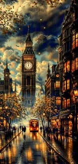 Night cityscape with glowing clock tower and lit buildings.