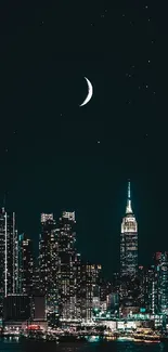 Night cityscape with crescent moon shining over skyscrapers and twinkling stars.