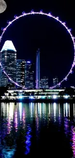 Night cityscape with illuminated Ferris wheel and reflections on water.