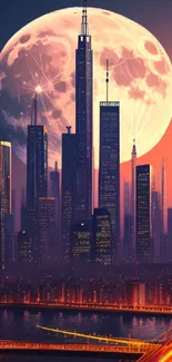 Futuristic cityscape with full moon at night.