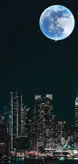 Night cityscape with a full moon and illuminated skyline.