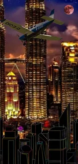 Night cityscape with skyscrapers and airplane in the sky.