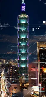 Night cityscape with skyscrapers and digital grid overlay.