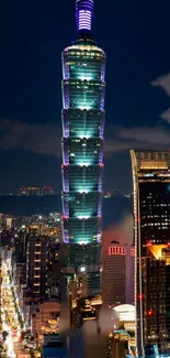 Night cityscape featuring illuminated skyscrapers against the dark blue sky.