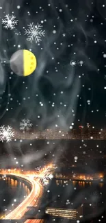 Night cityscape with snowflakes and crescent moon wallpaper.