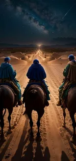 Three riders on camels under a starry desert night sky.