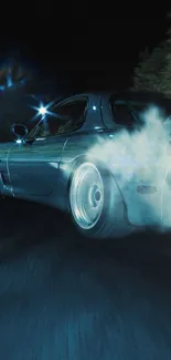 Car drifting at night with blue smoke on a dark road.