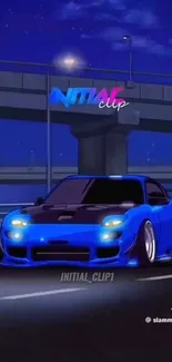 Blue animated sports car driving at night on an urban road.