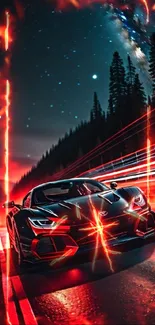 Black sports car on a starry night road with red light trails.