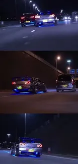 Cars driving at night on a highway with blue neon lights.