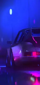 Neon-lit car driving at night in vibrant blue and pink hues.