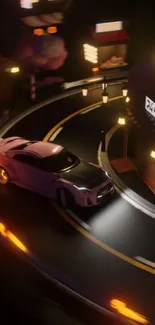 Dynamic night racing scene with sports car on curve.