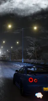 Car driving on a moonlit road at night with glowing streetlights.