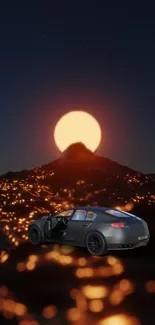 A sleek car parked on a glowing dark landscape with a large sun in the background.