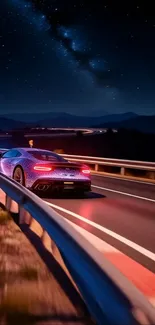 Car driving on a scenic highway under a starry night sky.