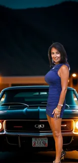 Stylish woman poses with a classic car at night, creating an elegant urban scene.